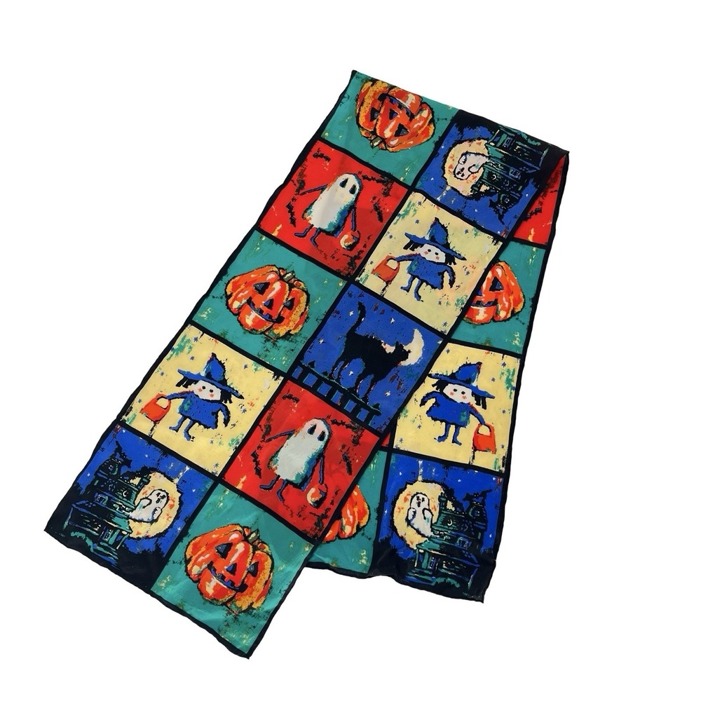 Echo Silk Halloween Scarf Ghost Pumpkin Witch Black Cat 11x49 Colorful